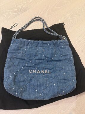 CHANEL 2024 Small Denim 22 Hobo with stud